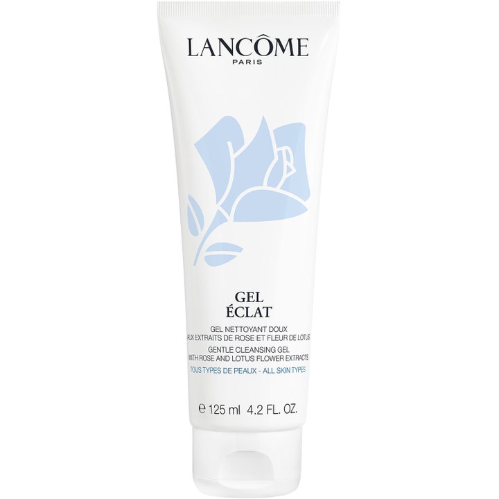 Lancôme Gel Éclat 125 ml ansigtsrens med rose renser blidt i en hvid tube dekoreret med en lyseblå rose