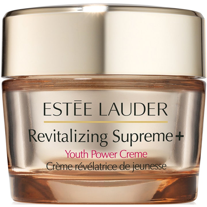 Estée Lauder Revitalizing Supreme+ Youth Power Creme opstrammende ansigtscreme i guldfarvet glaskrukke med guld låg.