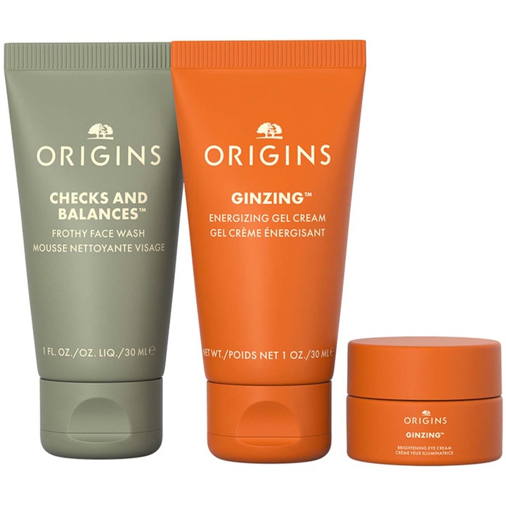 Origins Mini Travel Essentials Trio med ansigtsvask og Ginzing creme i grønne og orange tuber og krukke
