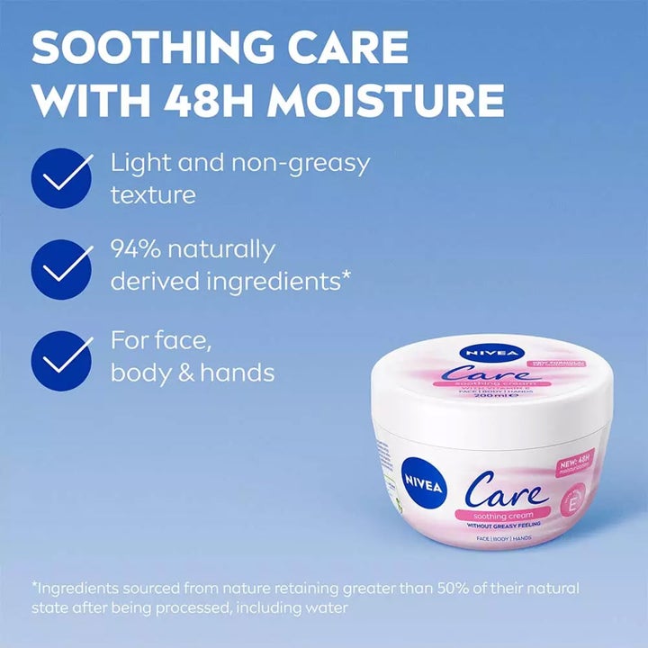 NIVEA Care Soothing Cream 200 ml beroligende creme i hvid krukke med tekst om 48 timers fugt og let konsistens