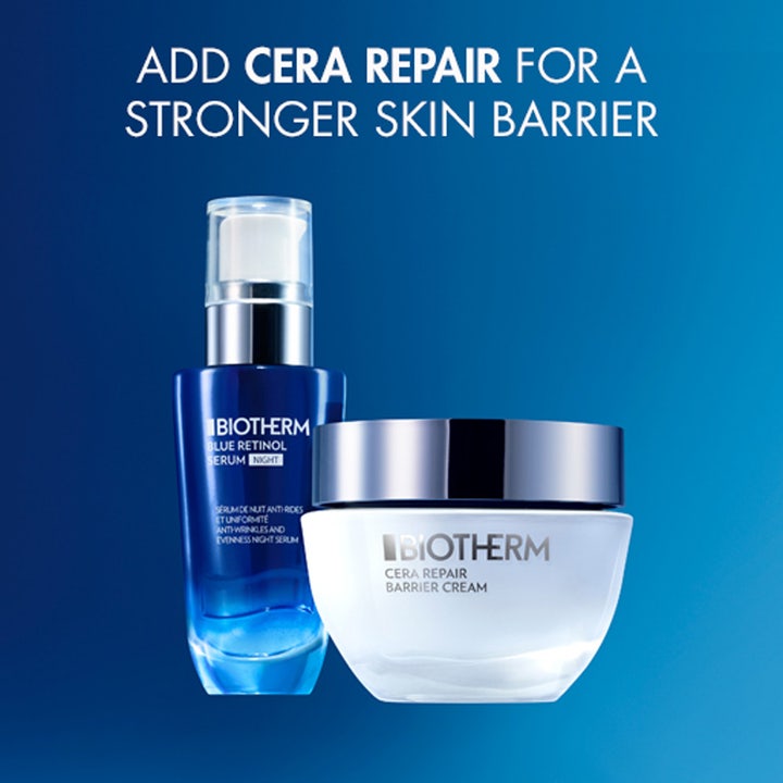 Biotherm Blue Retinol Serum Night 30 ml natserum i blå flaske med Cera Repair Barrier Cream for en stærkere barriere