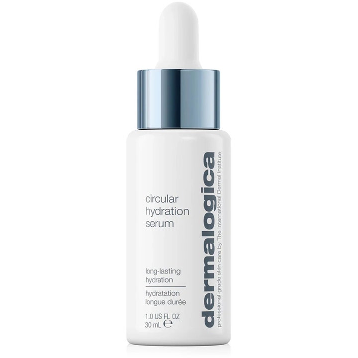 Dermalogica Circular Hydration Serum 30 ml fugtgivende ansigtsserum i hvid flaske med sølvfarvet låg og pipette