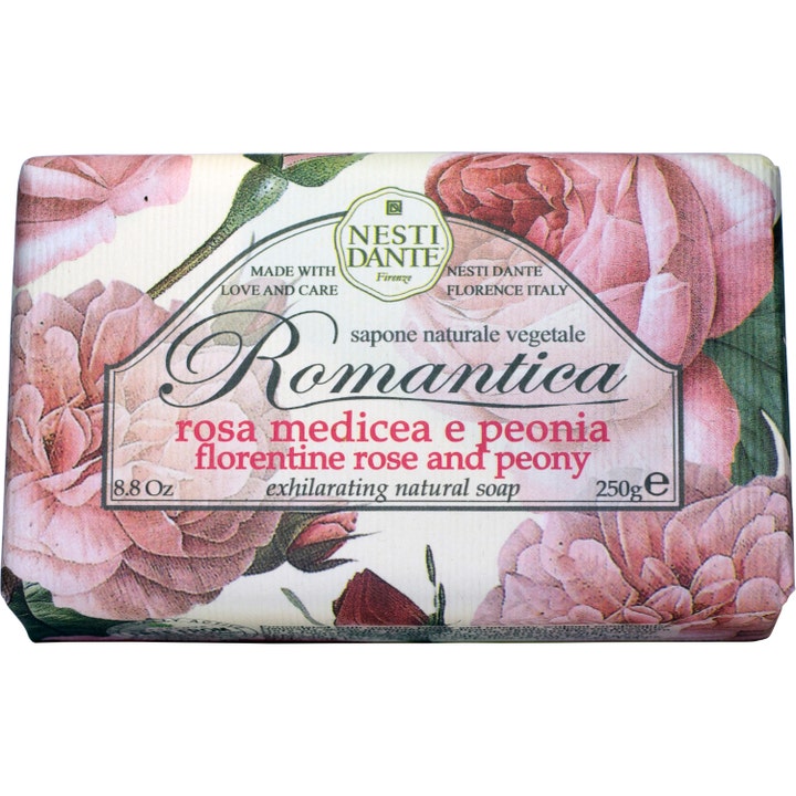 Nesti Dante Romantica Rose and Peony 250g opfriskende fast sæbe i papir med lyserøde roser og pæoner
