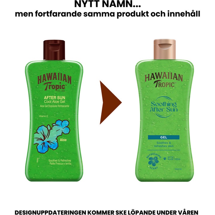 Hawaiian Tropic After Sun Cooling Aloe Gel 200 ml viser nyt og gammelt design på den beroligende aftersun.
