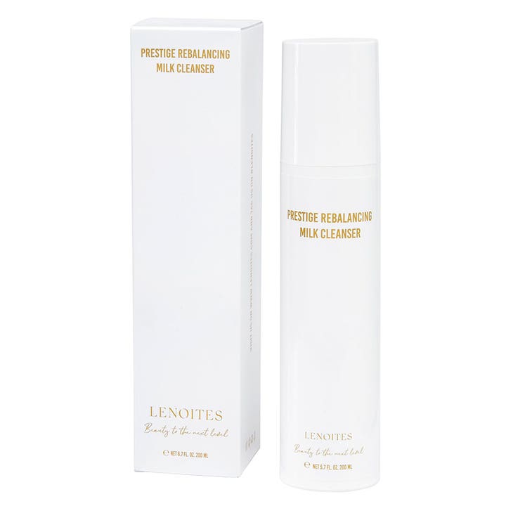Lenoites Prestige Rebalancing Milk Cleanser 200 ml beroligende rengøringsmælk i hvid flaske og æske med guldskrift