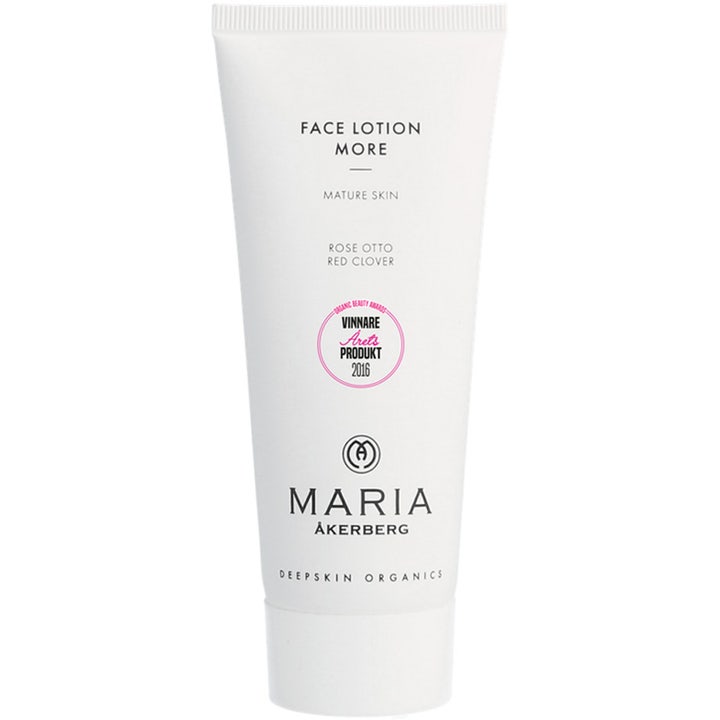 Maria Åkerberg Face Lotion More 100 ml opstrammende ansigtscreme i hvid tube med sort tekst og et lyserødt emblem