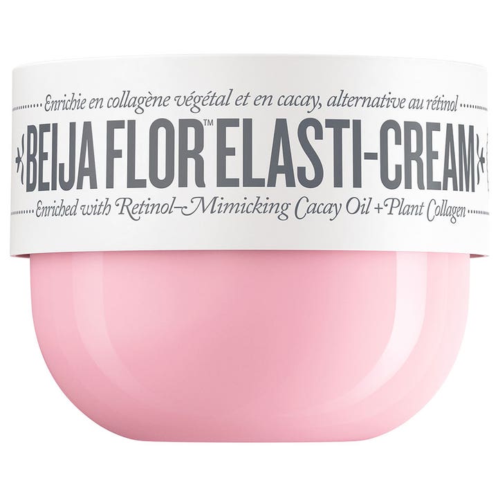 Sol de Janeiro Beija Flor Elasti-Cream kropscreme med kollagen og cacay-olie i en rund lyserød krukke.