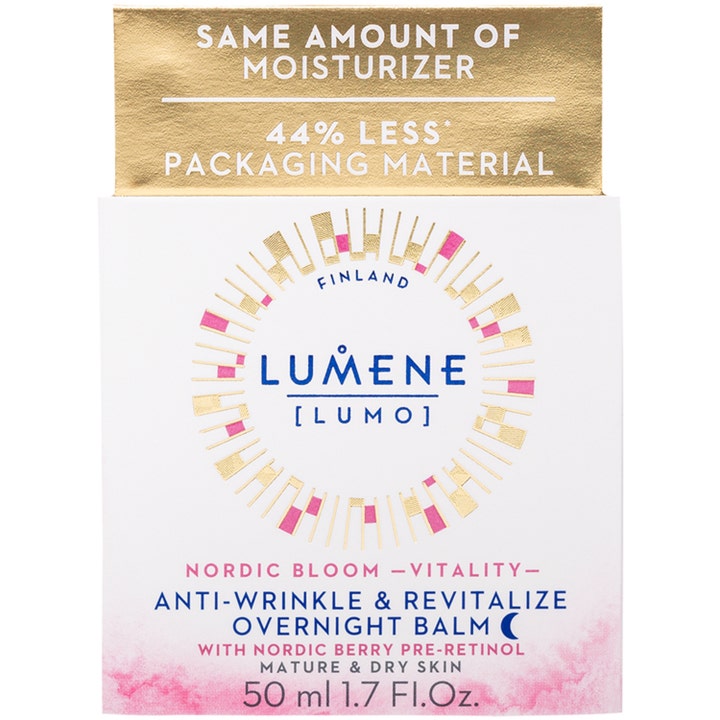 Lumene Nordic Bloom Vitality Overnight Balm 50 ml nattcreme mod rynker i hvid og guld æske til moden hud.