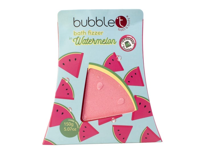 Bubble T Watermelon Bath Fizzer 150g opfriskende badesalt i lyseblå pakke med vandmelonmotiver