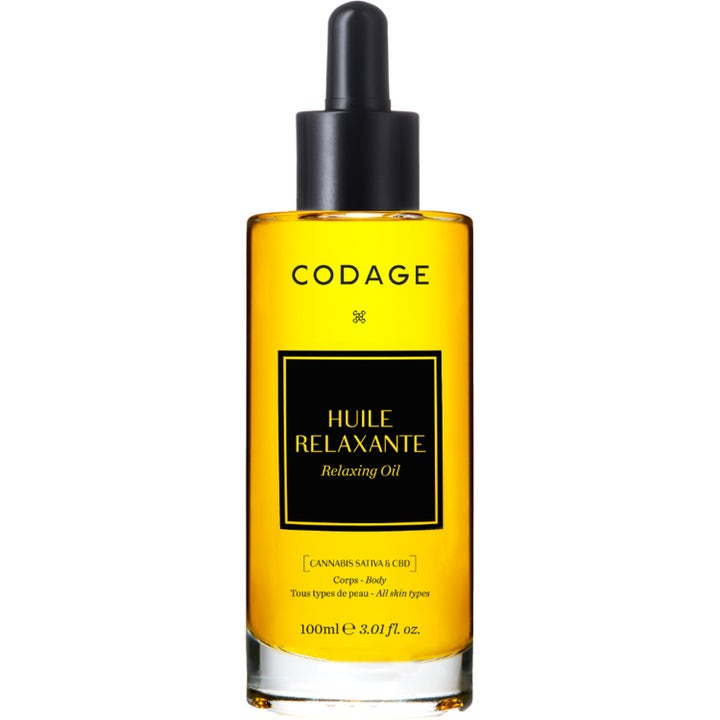 Codage Huile Relaxante 100ml beroligende kropsolie med CBD i glasflaske med gylden olie og sort pipette