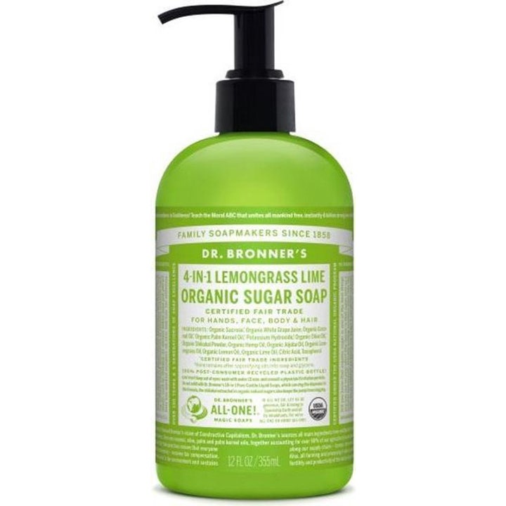 Dr. Bronner's Lemongrass Lime Organic Sugar Soap 355 ml økologisk sæbe i grøn plastflaske med sort pumpe