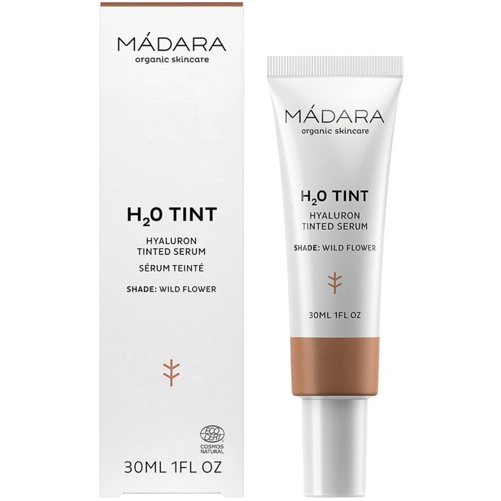 MÁDARA H2O Tint Hyaluron Tinted Serum 30 ml fugtgivende serum i hvid tube og æske i nuancen 4 Wild Flower