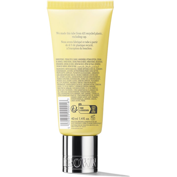 Molton Brown Orange & Bergamot Hand Cream 40 ml fugtgivende håndcreme bagside af gul tube med ingrediensliste