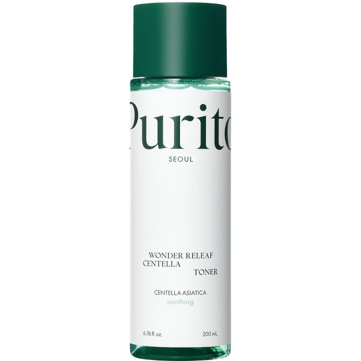 Purito Wonder Releaf Centella Toner 200 ml beroligende ansigtstoner i gennemsigtig flaske med mørkegrønt låg