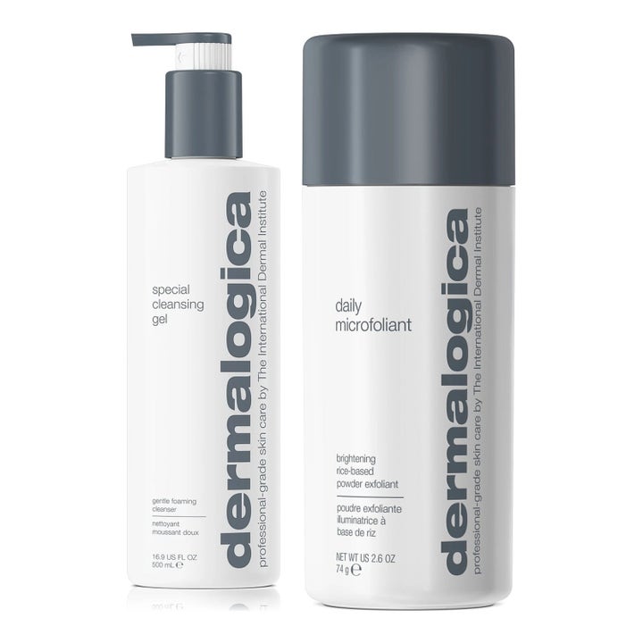 Dermalogica Special Cleansing Gel 500 ml og Daily Microfoliant 75 g rensesæt i hvide flasker med grå detaljer