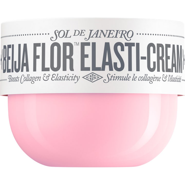 Sol de Janeiro Beija Flor Elasti-Cream opstrammende kropscreme med plantekollagen i lyserød krukke med hvidt låg
