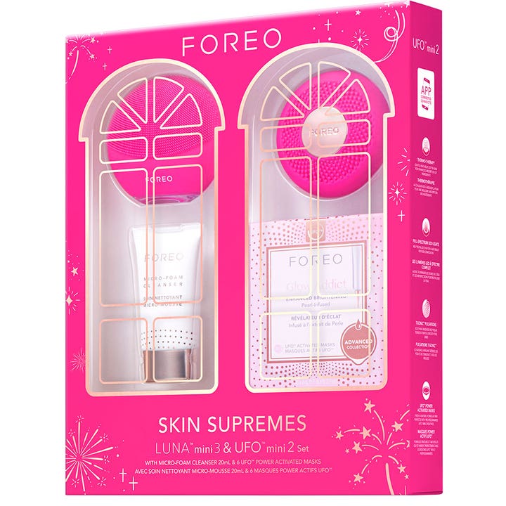 FOREO LUNA Mini 3 & UFO Mini 2 Set Fuchsia hudplejesæt til strålende hud i pink gaveæske med fuchsiafarvede apparater