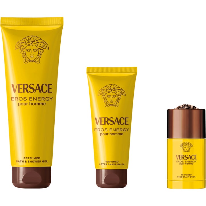 Versace Eros Energy 75 ml herredeo i gul emballage vist med matchende showergel og aftershave balm