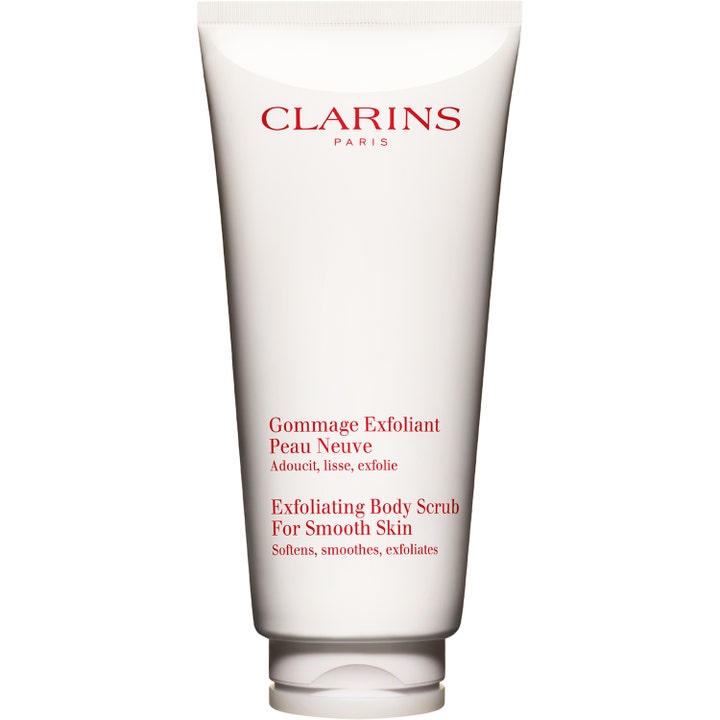 Clarins Exfoliating Body Scrub eksfolierende kropsskrub for blød hud i hvid tube med rød tekst