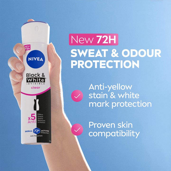 NIVEA Black & White Original Spray 150 ml deodorant giver 72 timers beskyttelse mod sved og gule pletter i hvid spraydåse