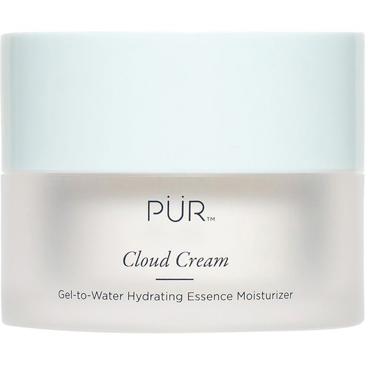 PÜR Cloud Cream fugtgivende ansigtscreme i frostet glaskrukke med lyseblåt låg der skaber en frisk glød