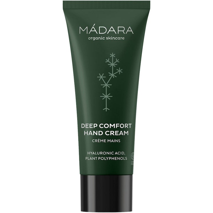 Mádara Deep Comfort Hand Cream 75ml fugtgivende håndcreme i mørkegrøn tube med sort låg og hvid tekst.