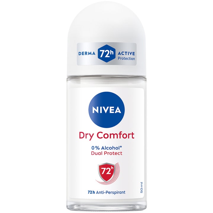 Nivea Dry Comfort 50 ml anti-perspirant roll-on i klar glasflaske med hvidt låg der giver 72 timers beskyttelse