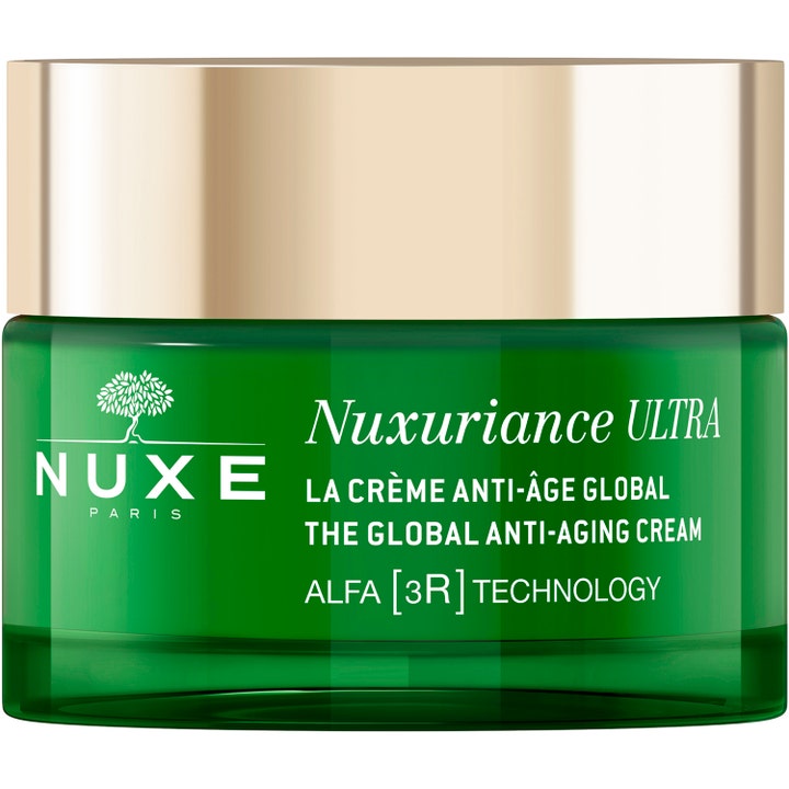 Nuxe Nuxuriance Ultra Global Anti-Aging Cream der reducerer rynker i en grøn glaskrukke med skinnende guldlåg.