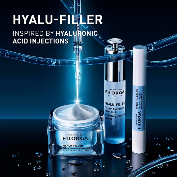 Filorga Hyalu-Filler Cream 50 ml fugtgivende ansigtscreme i krukke med serum og lip balm i blåt lys