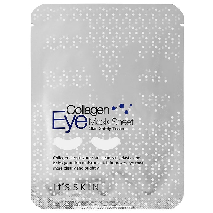 It'S SKIN Collagen Eye Mask Sheet fugtgivende øjenmaske i sølvfarvet pose med hvide prikker og produktillustration