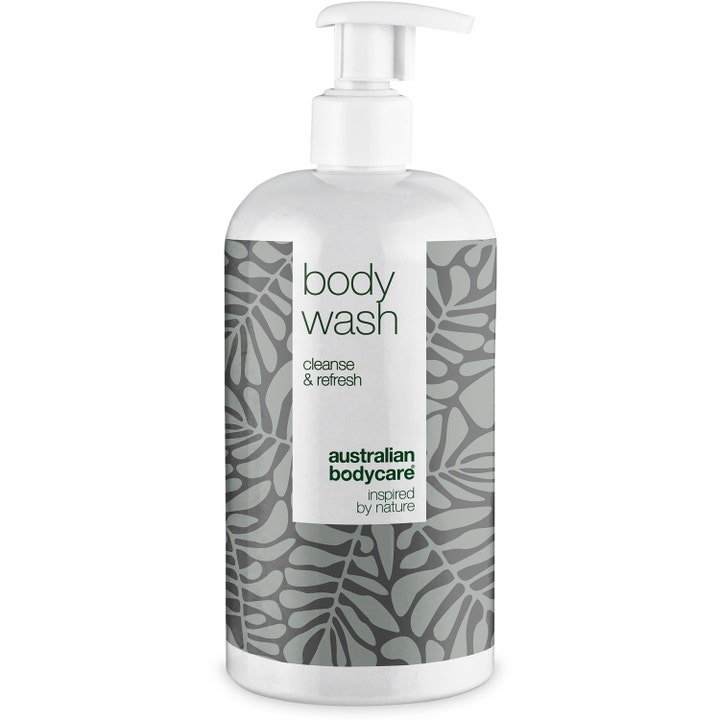 Australian Bodycare Body Wash 500ml opfriskende kropssæbe i en hvid pumpeflaske med gråt bladmønster
