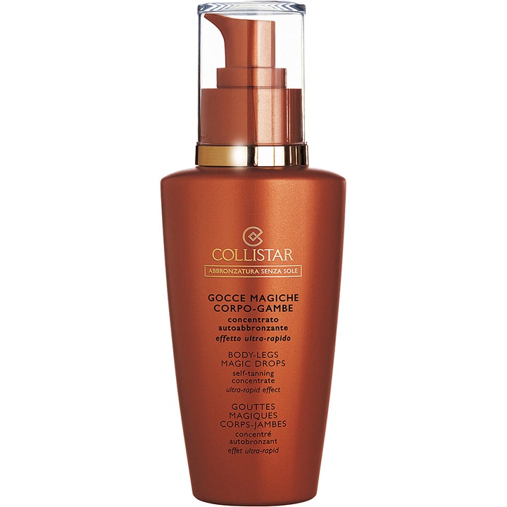 Collistar Body-Legs Magic Drops selvbruner koncentrat giver hurtig kulør i elegant bronze flaske med pumpehoved.