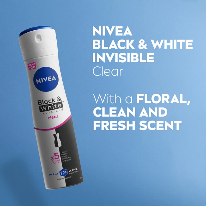 Nivea Black & White Invisible Clear 150 ml deospray i hvid flaske giver 72h beskyttelse med en frisk floral duft.