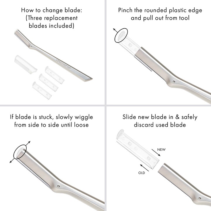 Tweezerman Facial Razor med tre ekstra blade til ansigtsbarbering viser trinvis vejledning til udskiftning af blad