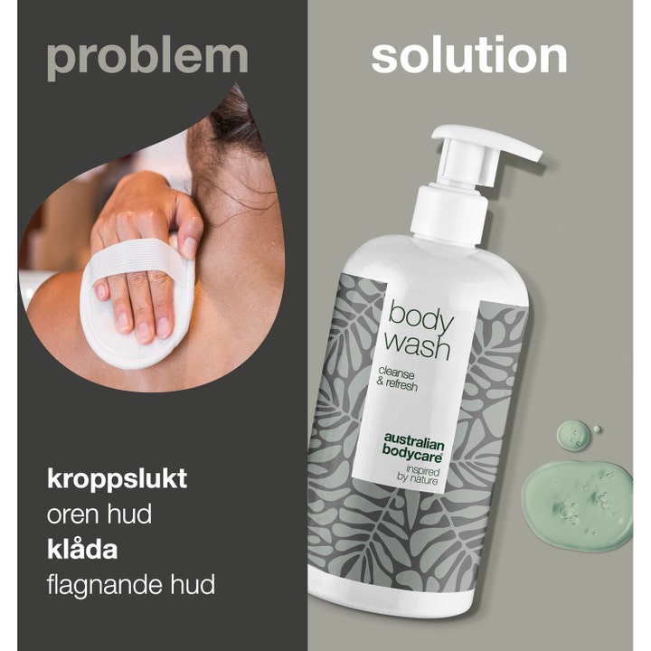 Australian Bodycare Body Wash 500 ml mod uren hud i hvid pumpeflaske med bladmotiv og grøn gel-tekstur.