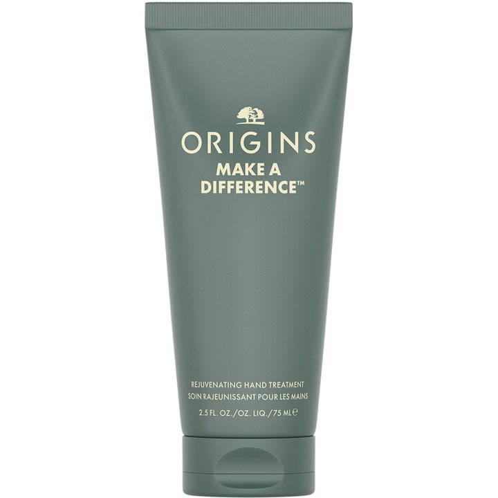 Origins Make A Difference 75 ml foryngende håndcreme i en støvet grøn tube med lyse detaljer og praktisk låg