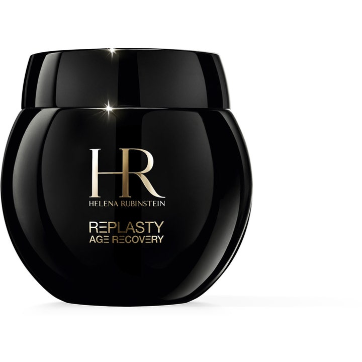 Helena Rubinstein Re-Plasty Age Recovery genopbyggende natcreme i en rundet blank sort krukke med guldlogo.