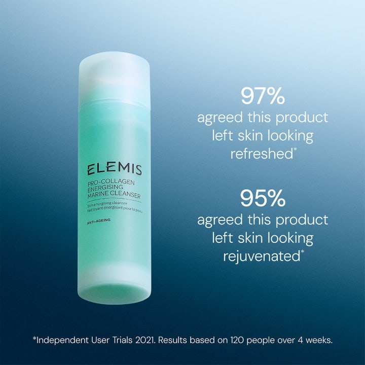 Elemis Pro-Collagen Energising Marine Cleanser 150 ml turkis ansigtsrens med tekst om 97% forfrisket og 95% fornyet hud