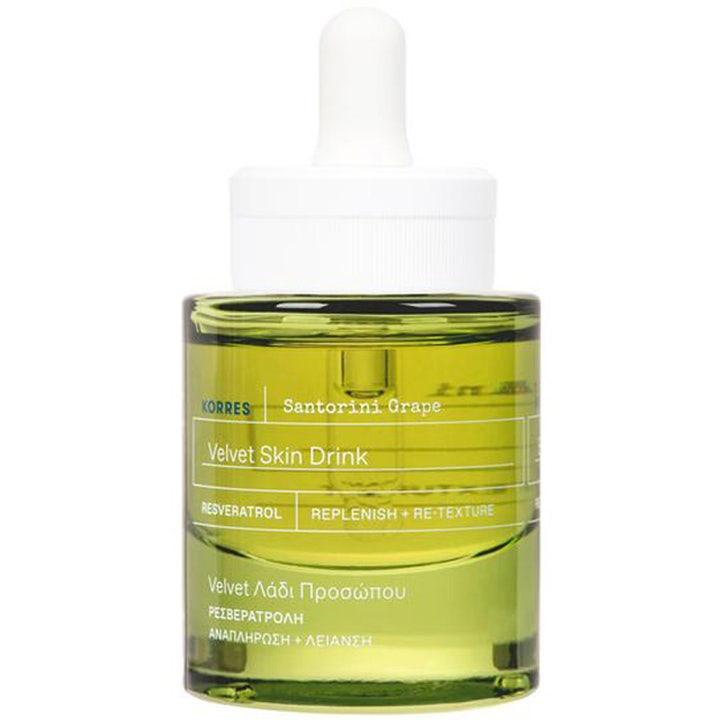 Korres Santorini Grape Velvet Skin Drink 30 ml udglattende ansigtsolie i en grøn glasflaske med hvid pipette