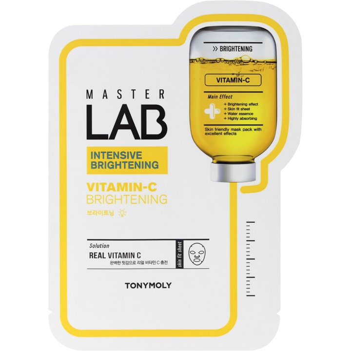 TONYMOLY Master Lab Vitamin-C Brightening 1 stk oplysende sheetmaske i hvid emballage med gul laboratorieflaske