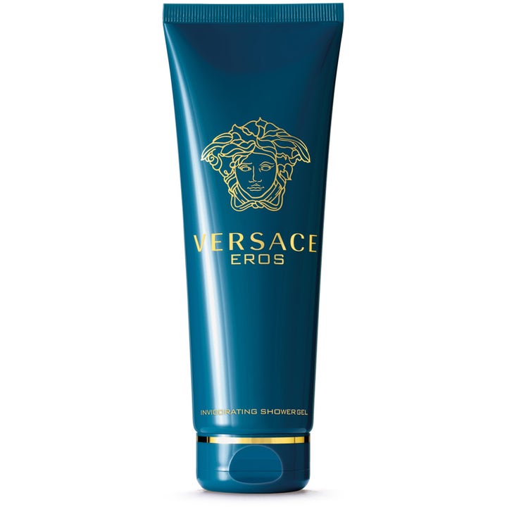 Versace Eros opfriskende showergel i en turkisblå tube med et ikonisk guld Medusa-logo og gulddetaljer.