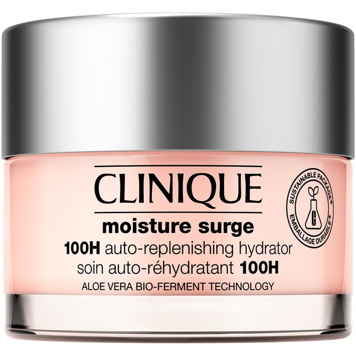 Clinique Moisture Surge 100H fugtgivende ansigtscreme i glaskrukke med lyserød gel-konsistens og et metallisk sølvlåg.