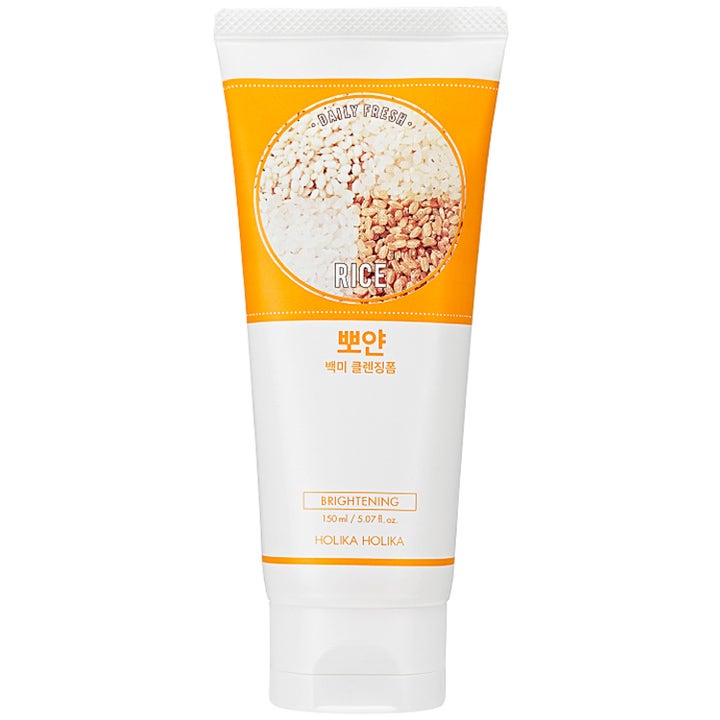 Holika Holika Daily Fresh Rice Cleansing Foam 150 ml oplysende ansigtsvask i hvid og orange tube med riskorn