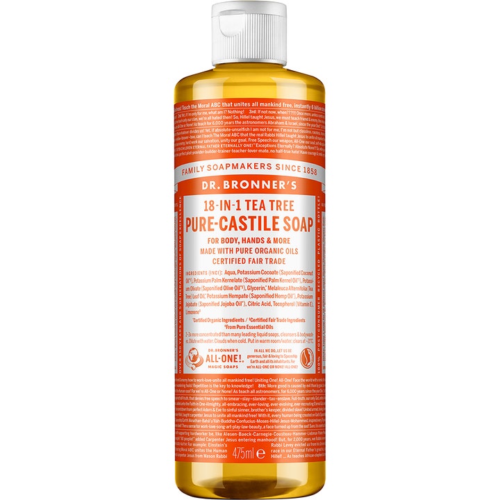 Dr. Bronner's 18-in-1 Tea Tree Pure-Castile Soap 475 ml rensende flydende sæbe med orange etiket og hvidt låg
