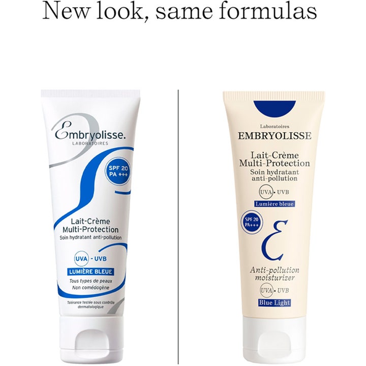 Embryolisse Lait-Crème Multi-Protection SPF20 40 ml fugtgivende dagcreme viser gammelt og nyt tubedesign