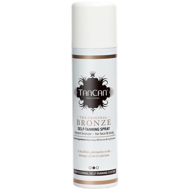 TanCan Bronze 250 ml selvbruner spray giver naturlig glød i en hvid metalflaske med sort og guld logo