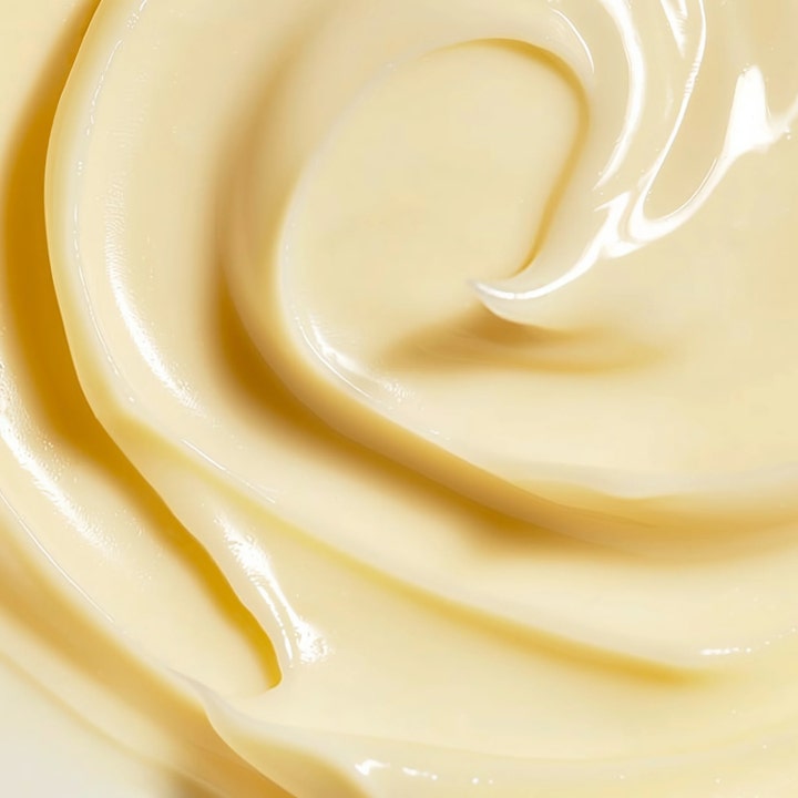 MANTLE The Barrier Cream 50 ml fugtgivende ansigtscreme har en rig lysegul tekstur med glatte hvirvler.