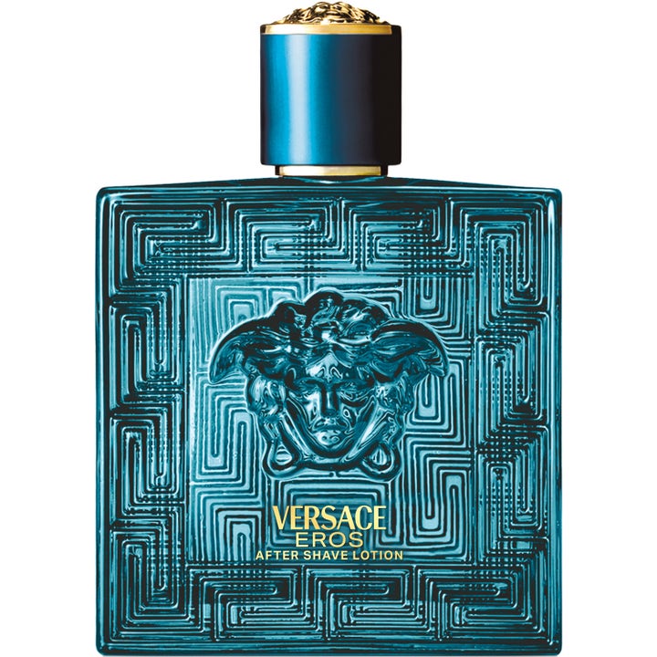 Versace Eros After Shave Lotion i turkis glasflakon med præget Medusa-hoved og græsk labyrintmønster.