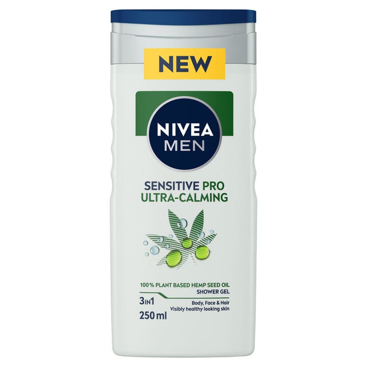 Nivea Men Sensitive Pro Ultra-Calming 250 ml showergel med hampefrøolie der beroliger huden i hvid flaske med blå kapsel