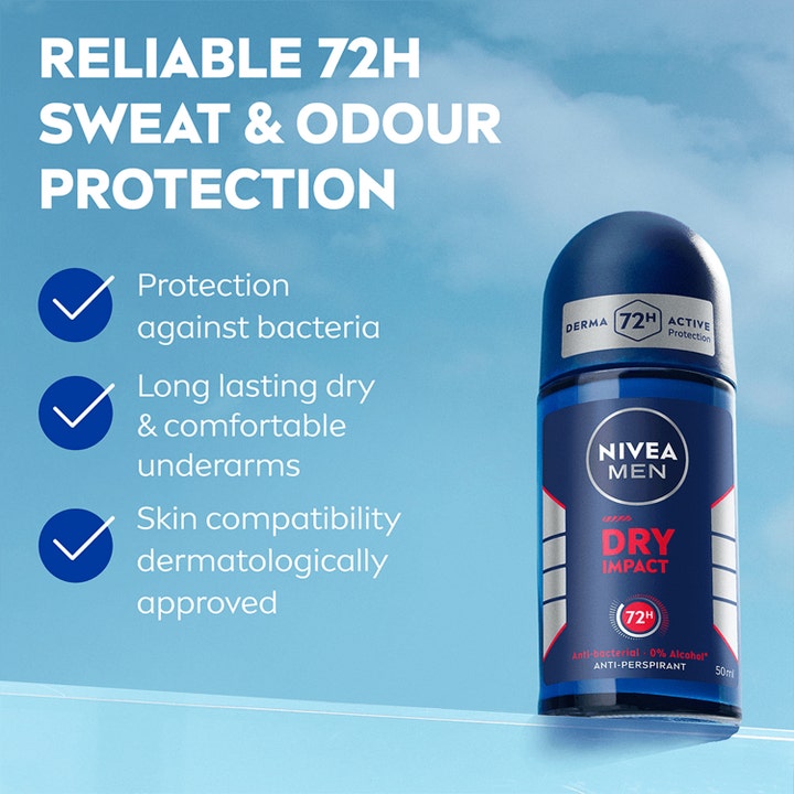NIVEA MEN Dry Impact 50 ml roll-on mod lugt og bakterier i blå flaske med 72 timers beskyttelse